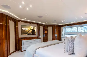 The owner's suite has picture windows on the starboard side