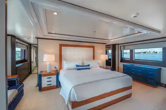 The aft-facing double bed in the main deck owner's suite
