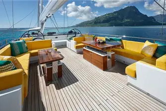 The yacht has a very generous 60sqm flybridge with lounges and sunbathing aft of the helm stations
