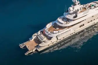 The transom folds down to create a huge sea level platform for sea-level living. She has six tenders, including two Vikal tenders, stowed behind main deck aft shell doors