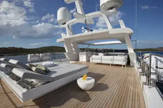 Looking forward on the sun deck, from the sun lounging aft to the lounge and bar below a retractable awning