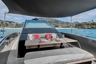 With the table raised this is an open-air dining option on the foredeck