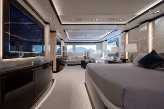 The main deck VIP suite with media lounge on the far side